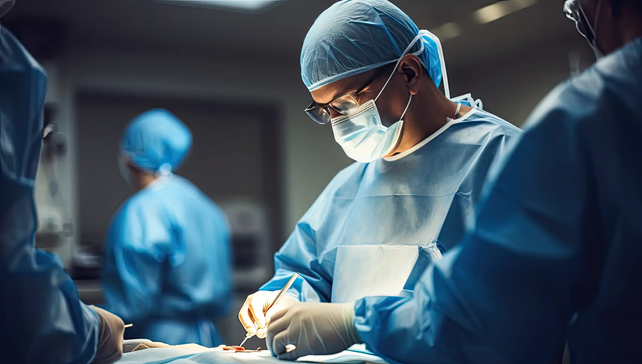 A surgeon in scrubs performs surgery on a patient lying on an operating table in a sterile environment.