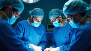 Three surgeons in blue scrubs performing surgery on a patient on the operating table.