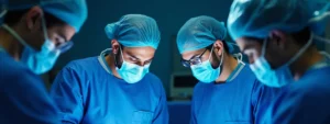 Three surgeons in blue scrubs performing surgery on a patient on the operating table.