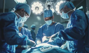 A team of surgeons in scrubs and masks performing surgery in a sterile operating room with medical equipment.